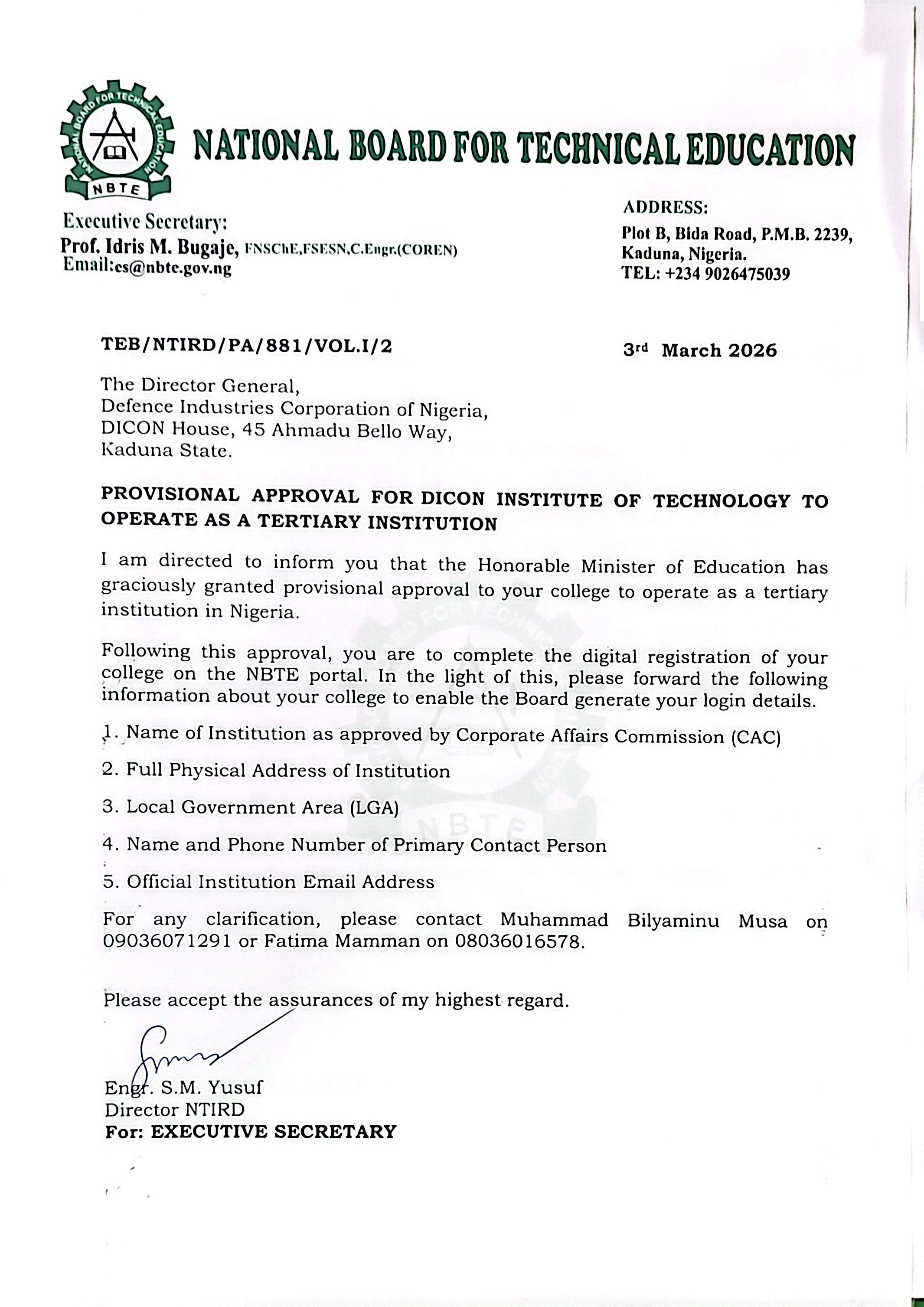 NBTE Provisional Approval Letter